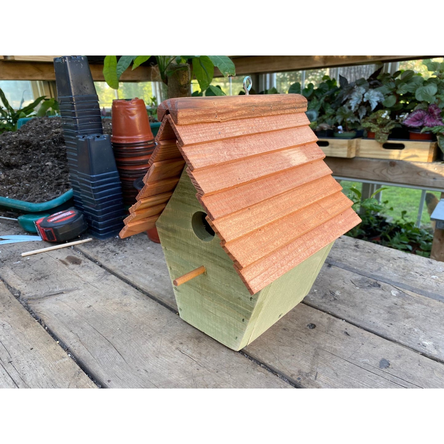 Handmade Birdhouse for Outdoor Use - Bayberry Green Milk Paint and Stained Roof