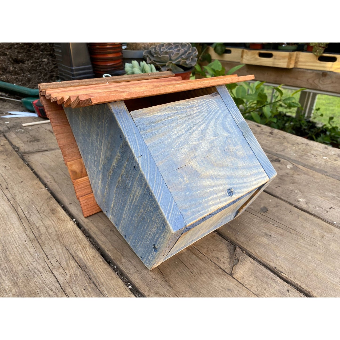 Handmade Birdhouse for Outdoor Use - Soldier Blue Milk Paint and Stained Roof