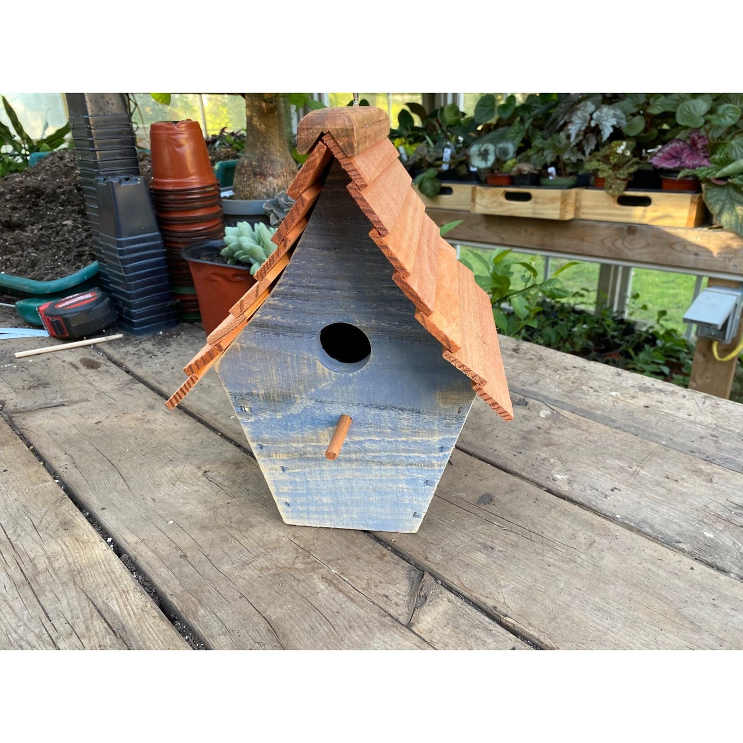 Handmade Birdhouse for Outdoor Use - Soldier Blue Milk Paint and Stained Roof