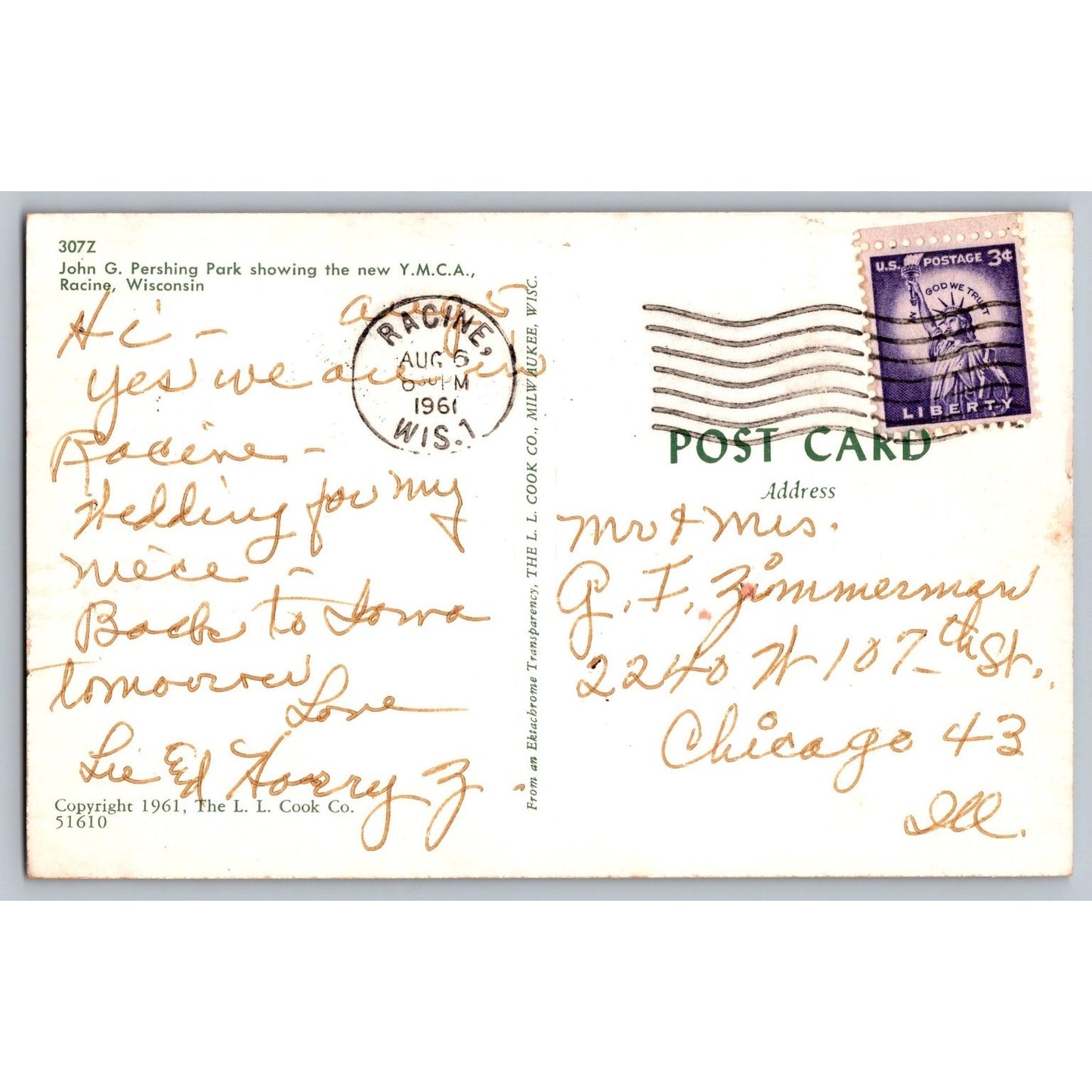 Racine WI Wisconsin John G Pershing Park YMCA 1961 Chrome Postcard Used