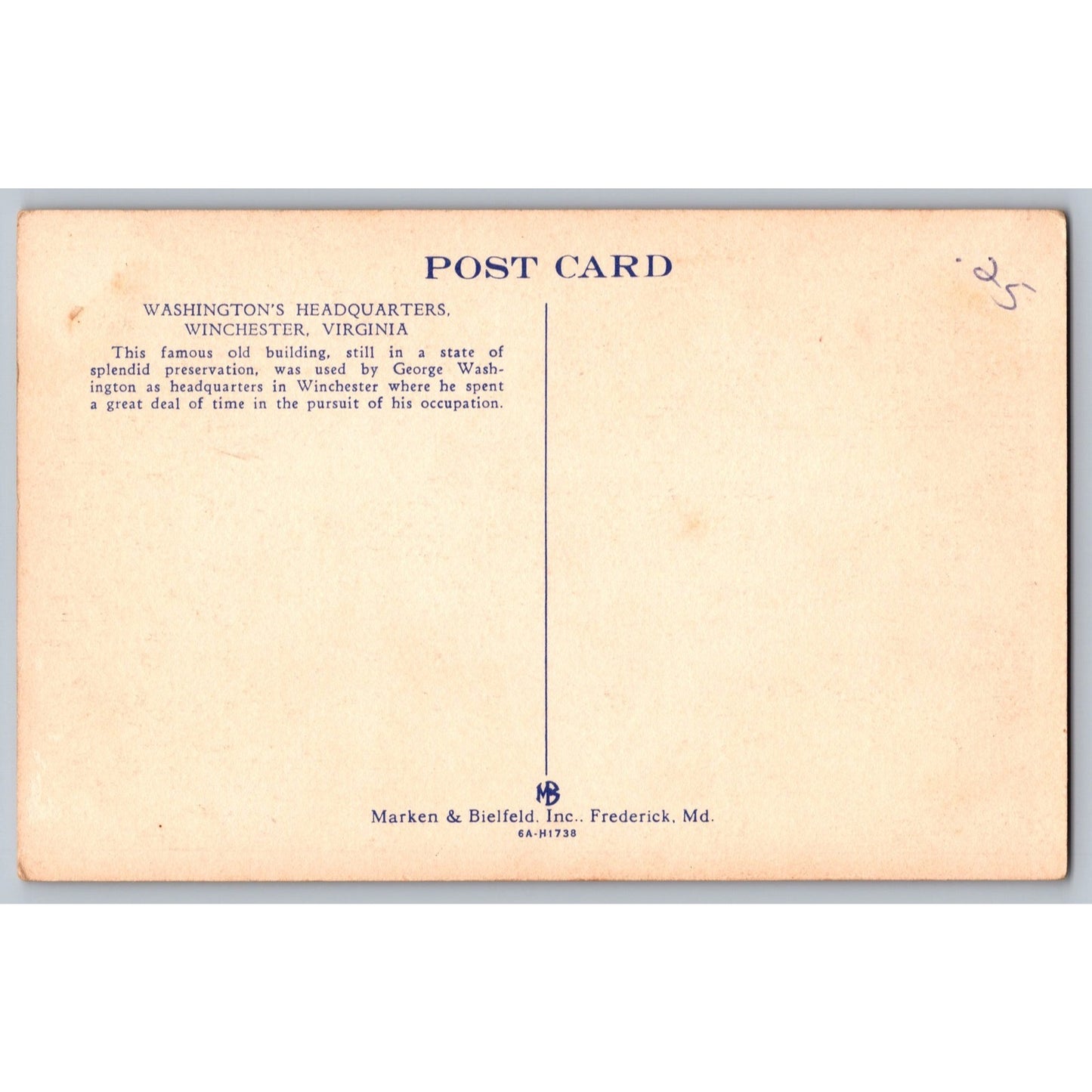 Winchester VA Virginia Washington's Headquarters White Border Postcard Unused