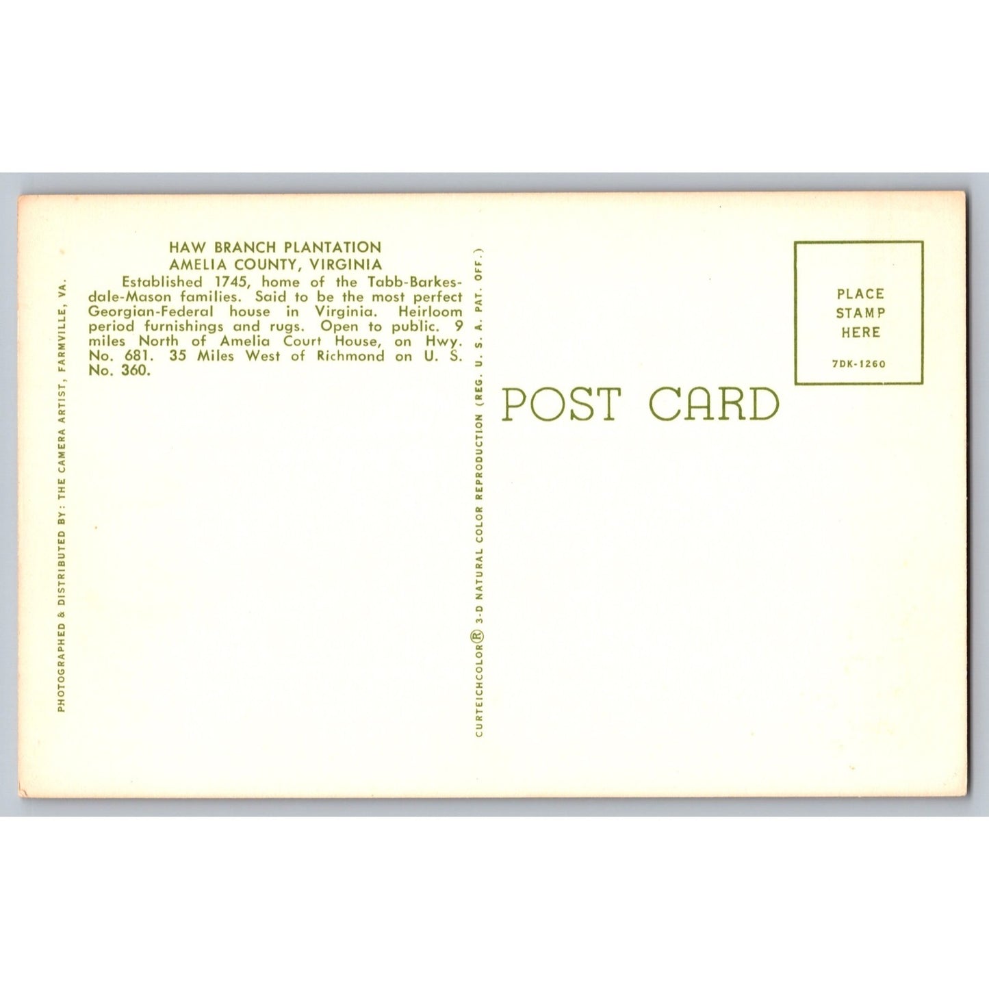 Amelia VA Virginia Haw Branch Plantation Chrome Postcard Curt Teich