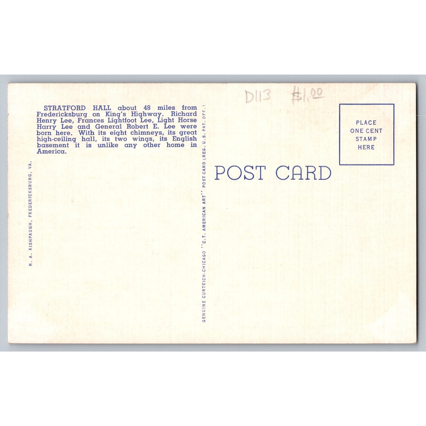 Fredericksburg VA Virginia Stratford Hall White Border Postcard Unused