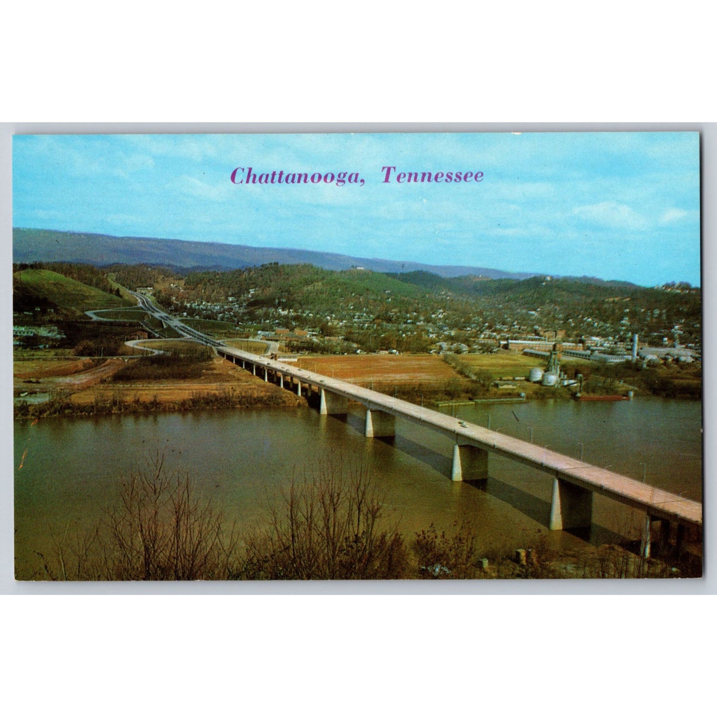 Chattanooga TN Tennessee River Olgiati Bridge Chrome Postcard Unused Lee Caskey
