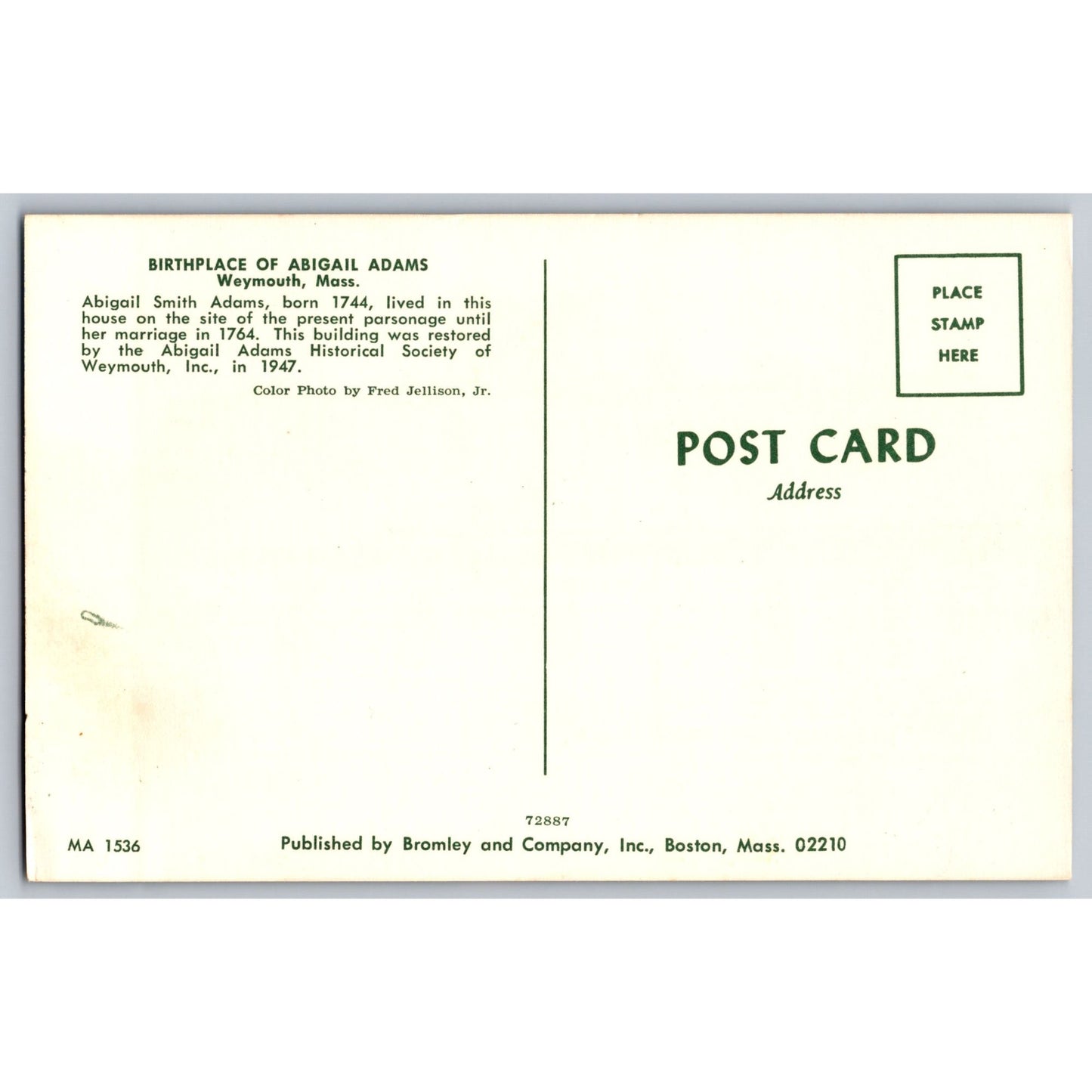 Weymouth MA Massachusetts Abigail Adams Birthplace Chrome Postcard Bromley & Co