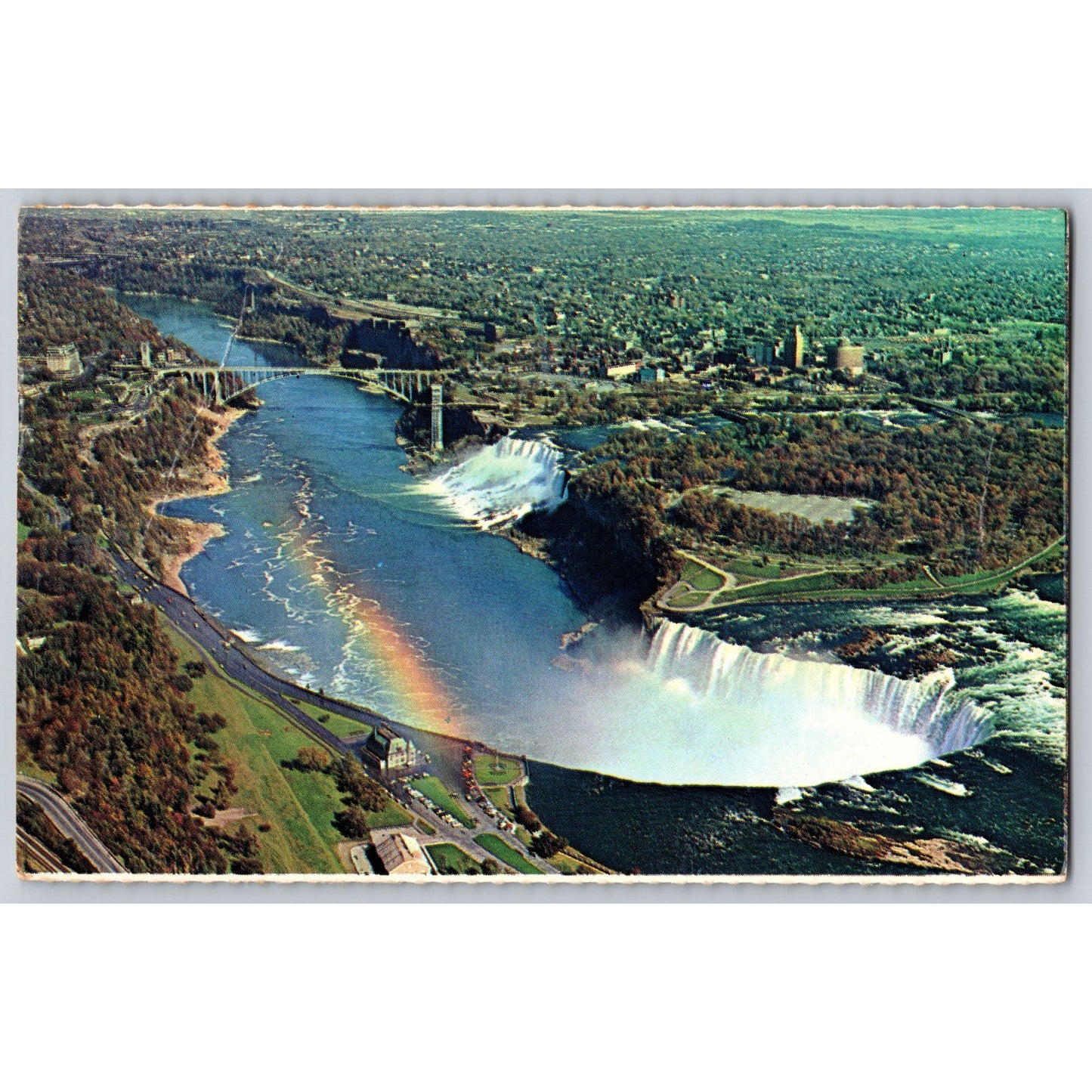 Niagara Falls Canada Aerial View Canadian Horseshoe Falls Rainbow Bridge Chrome Postcard