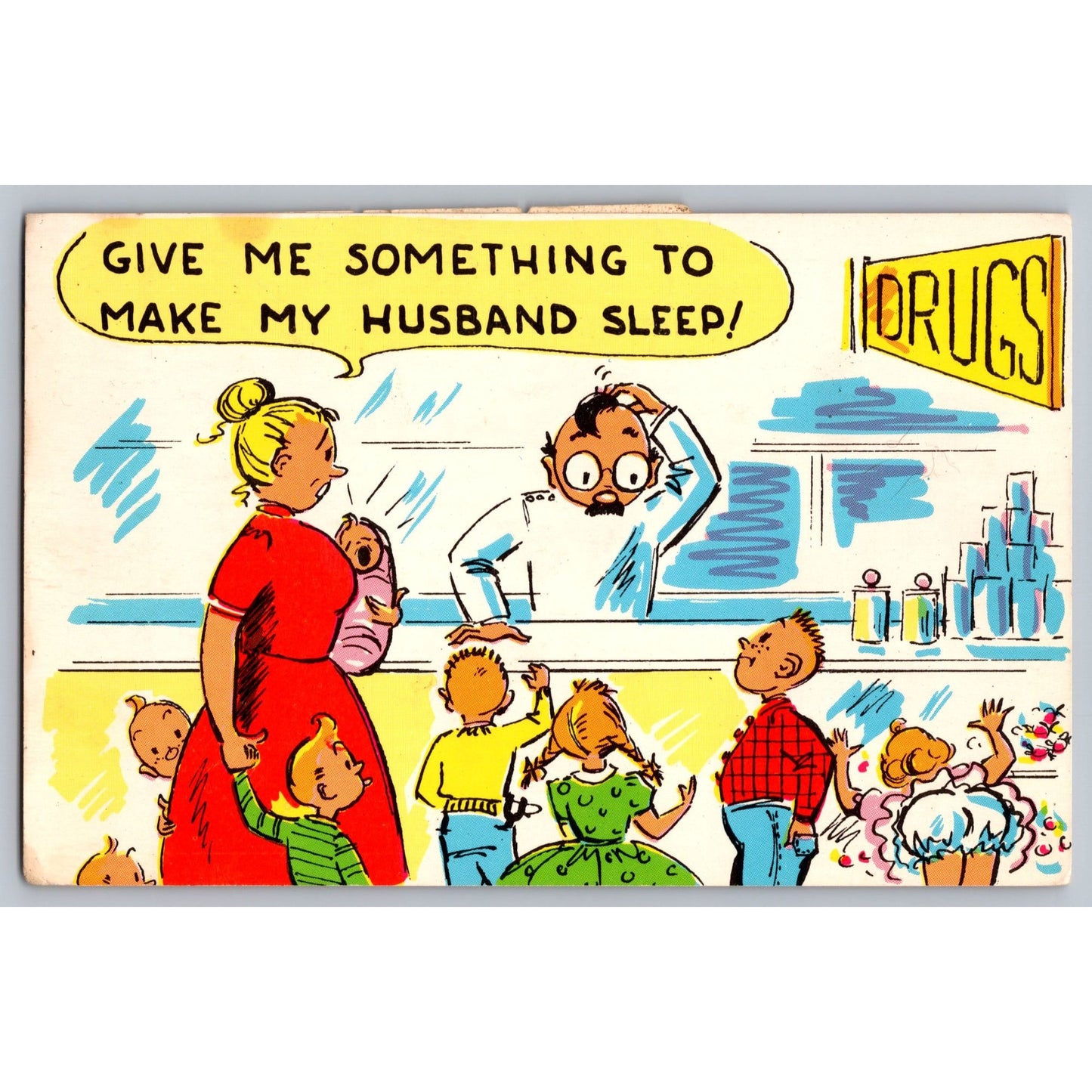 Comic Cartoon Postcard Humor Pharmacy Scene 1950s Illustrated Postcard Used