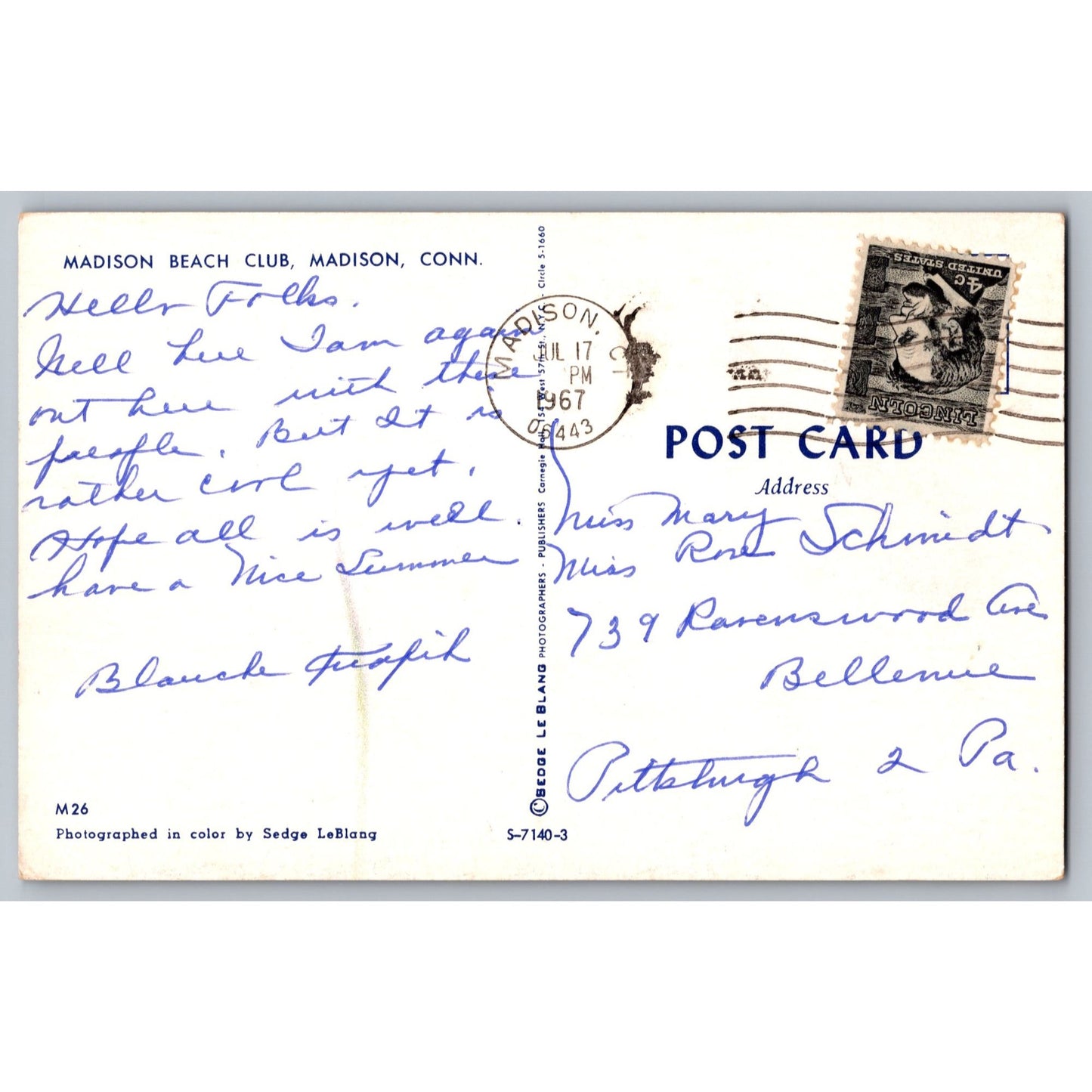 Madison CT Connecticut Greetings Madison Beach Club 1967 Sailing Scene Postcard