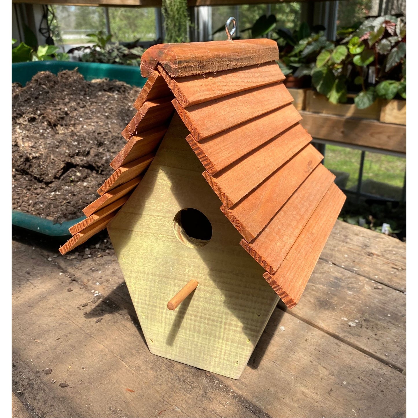 Handmade Birdhouse for Outdoor Use - Buttercup Yellow Milk Paint and Stained Roof