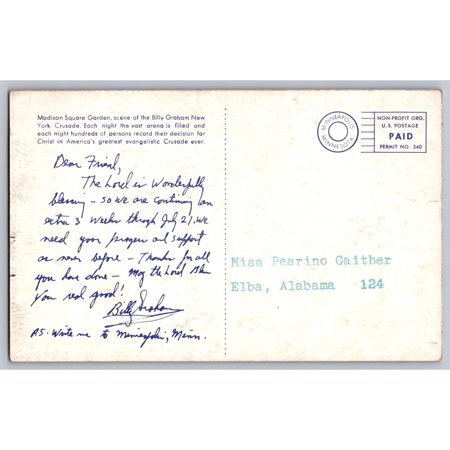 New York City NY Madison Square Garden Billy Graham Crusade Chrome Postcard