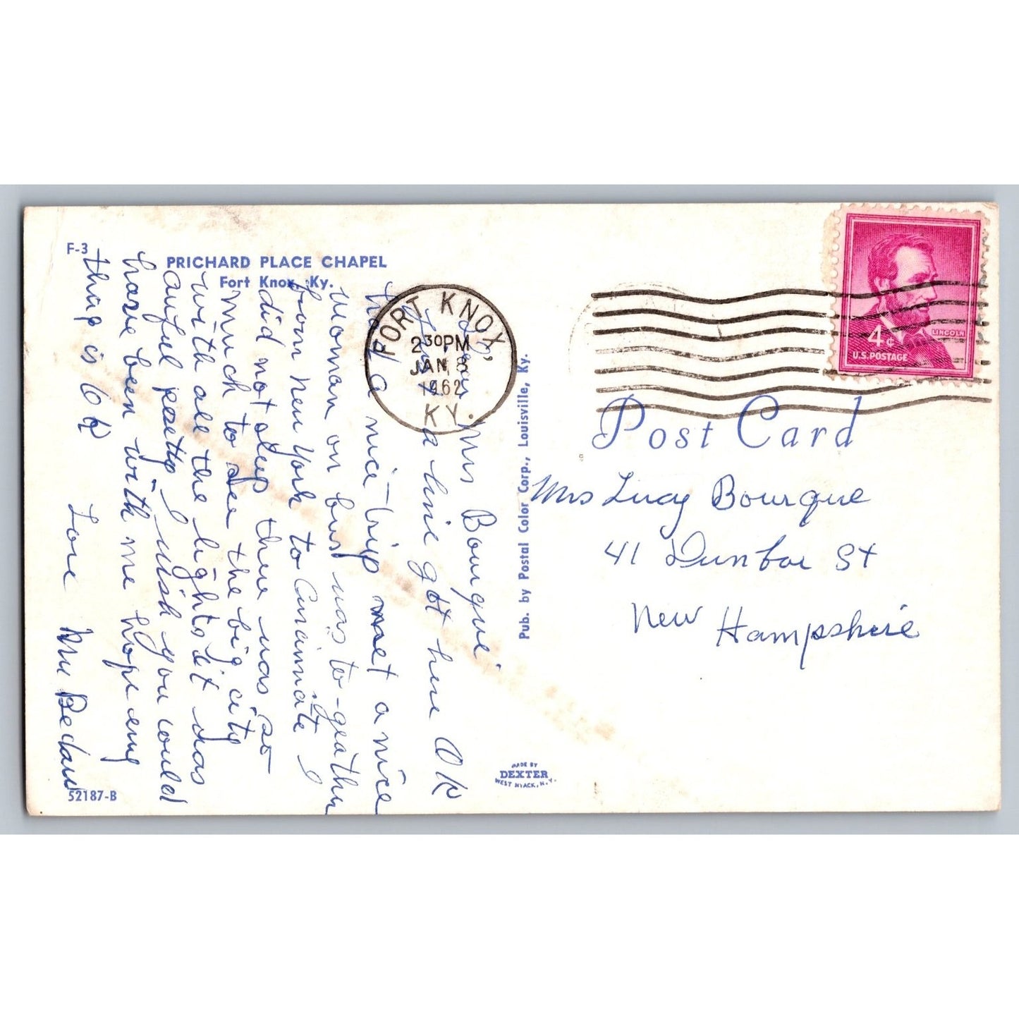 Fort Knox KY Kentucky Prichard Place Chapel 1962 Chrome Postcard Used