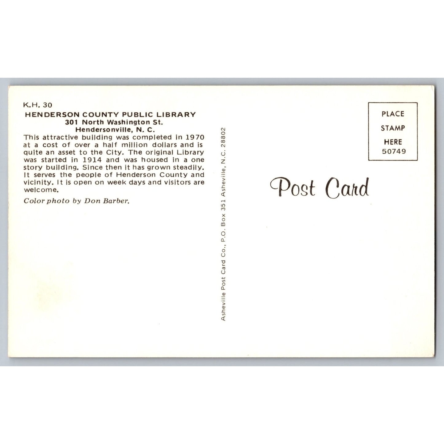 Hendersonville NC North Carolina Henderson County Public Library 1970 Postcard
