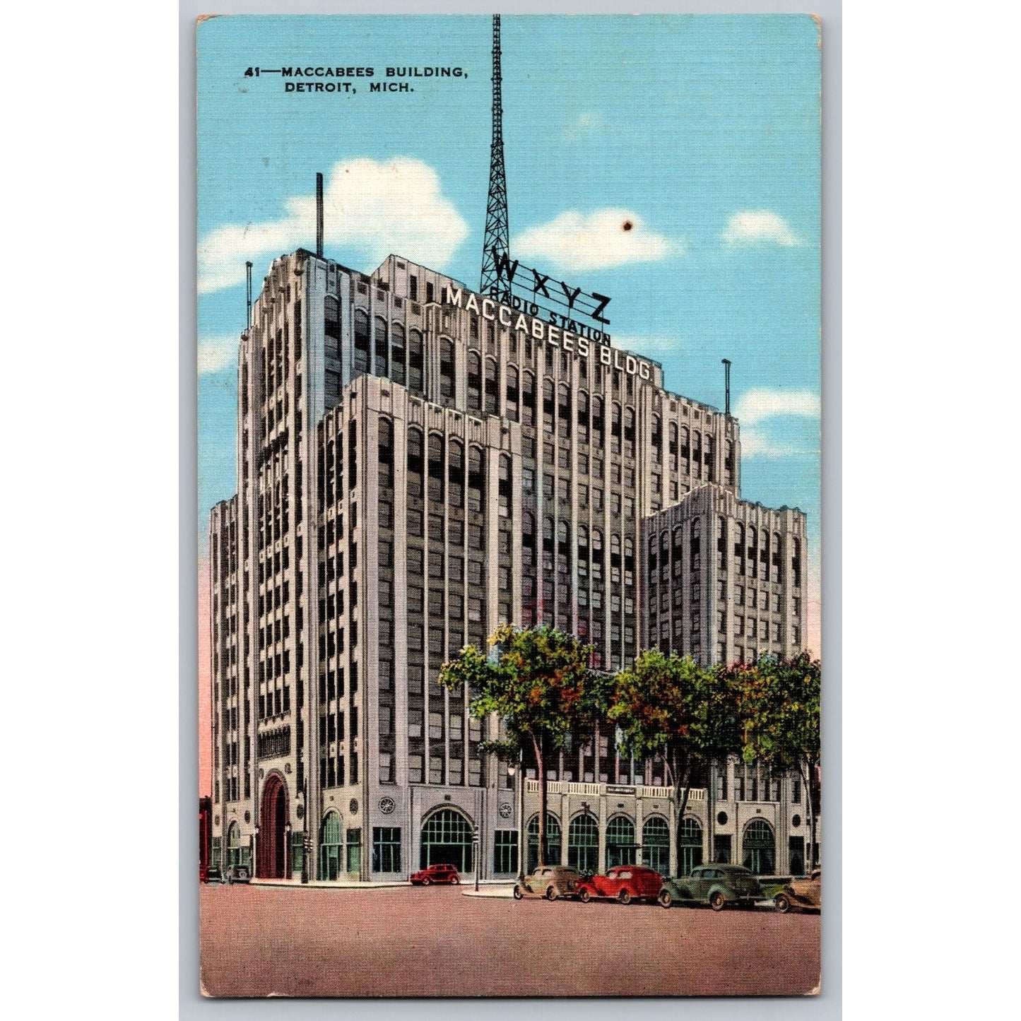 Detroit MI Michigan Maccabees Building WXYZ Radio Linen Postcard Used