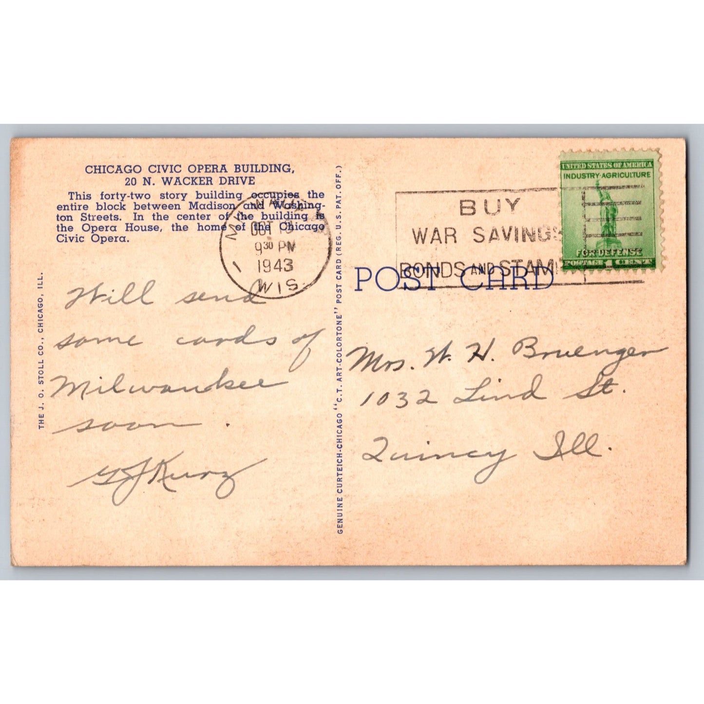 Chicago IL Illinois Civic Opera Building 1943 Linen Postcard Used Curt Teich