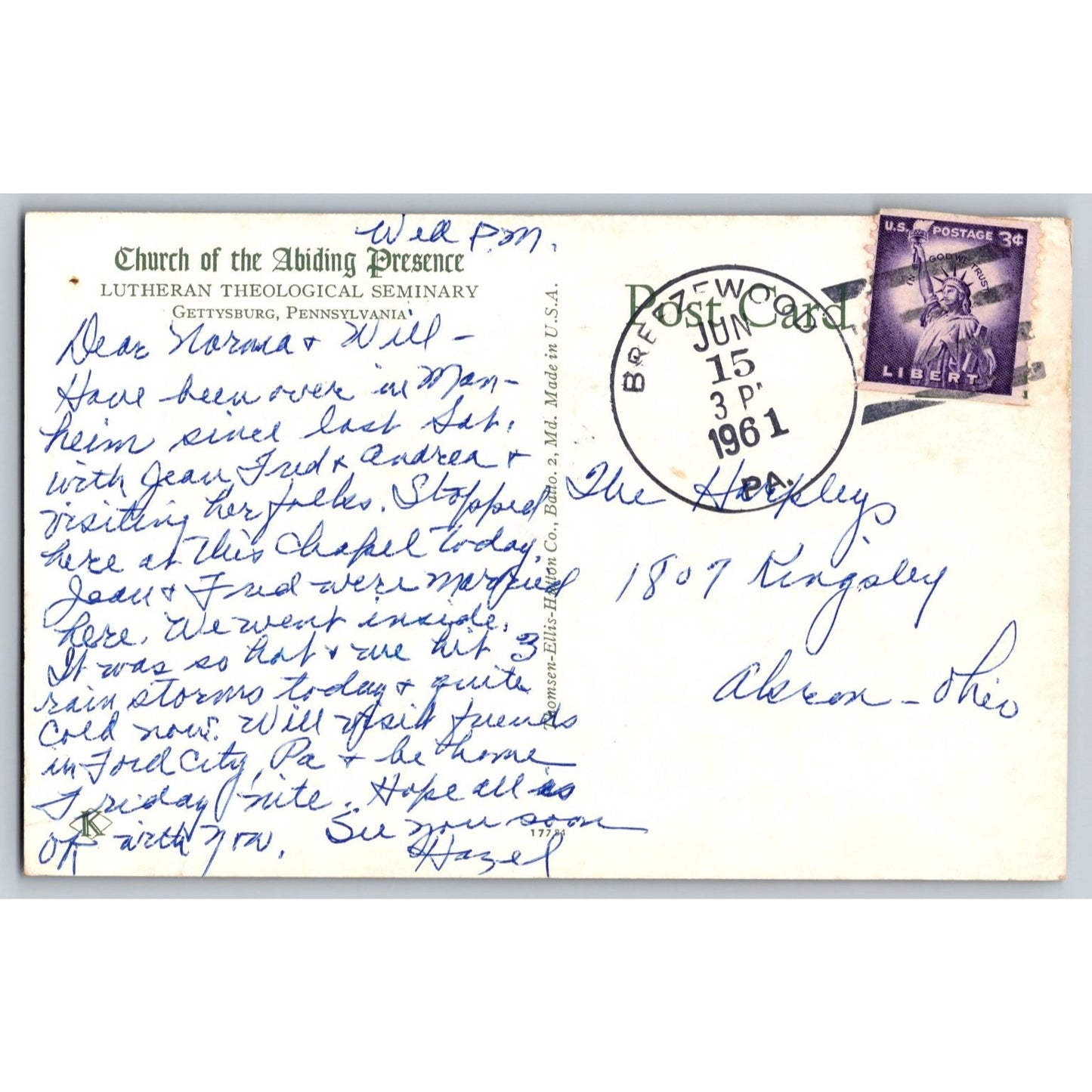 Gettysburg Pennsylvania PA Lutheran Seminary Church 1961 Chrome Postcard