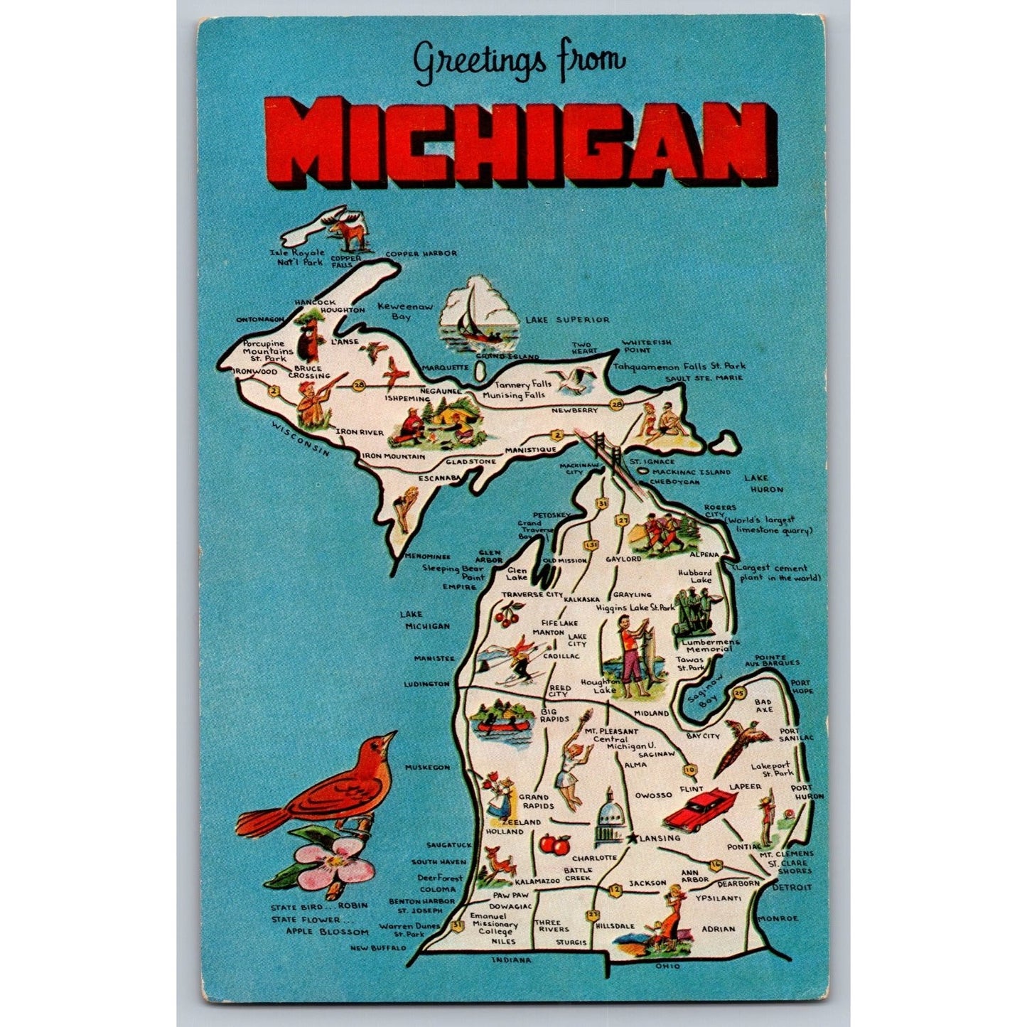 Map Postcard MI Michigan Greetings from Michigan Illustrated Dexter Press