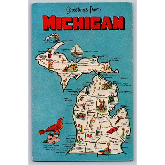Map Postcard MI Michigan Greetings from Michigan Illustrated Dexter Press
