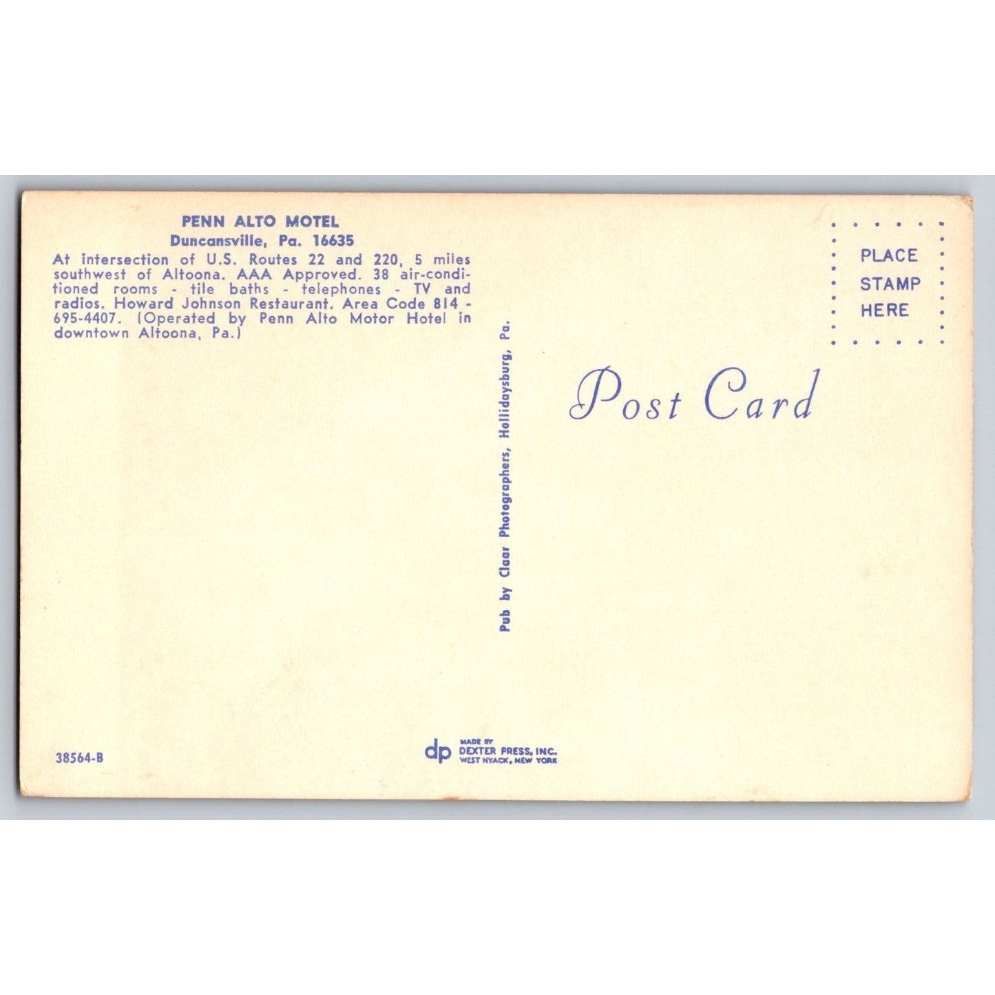 Duncansville PA Pennsylvania Penn Alto Motel Chrome Postcard Dexter Press