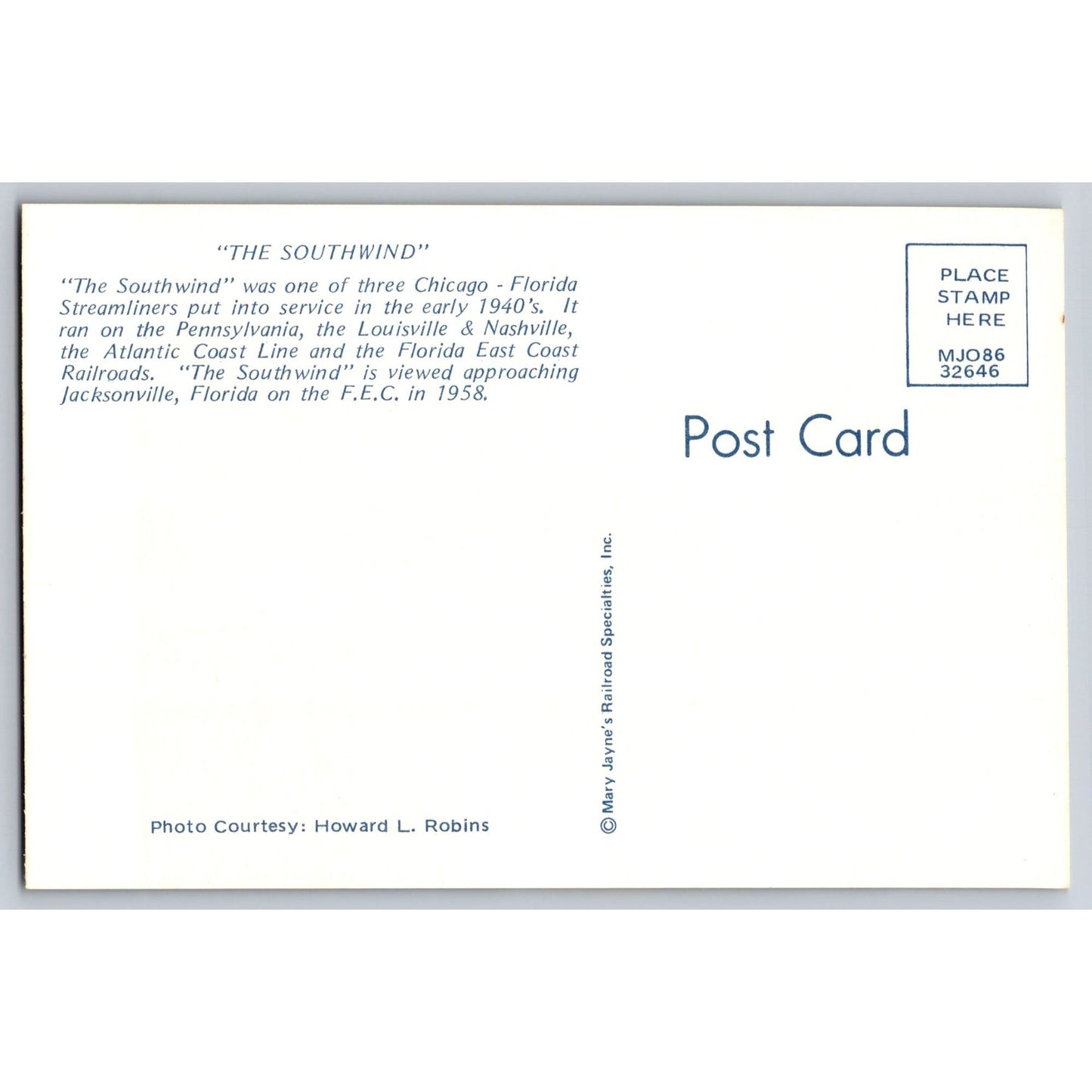 Jacksonville FL Florida The Southwind Train Railroad 1958 Postcard F E C Railway