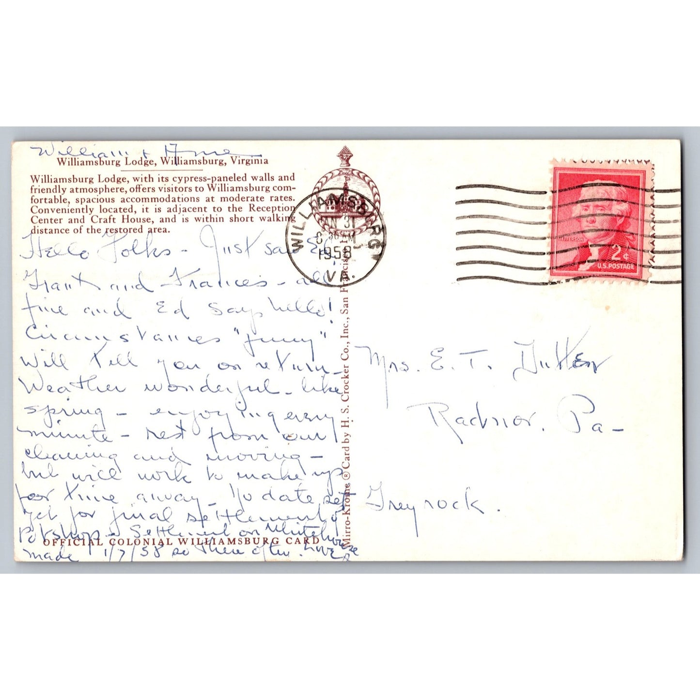 Williamsburg VA Virginia Lodge Colonial Era 1958 Chrome Postcard Used