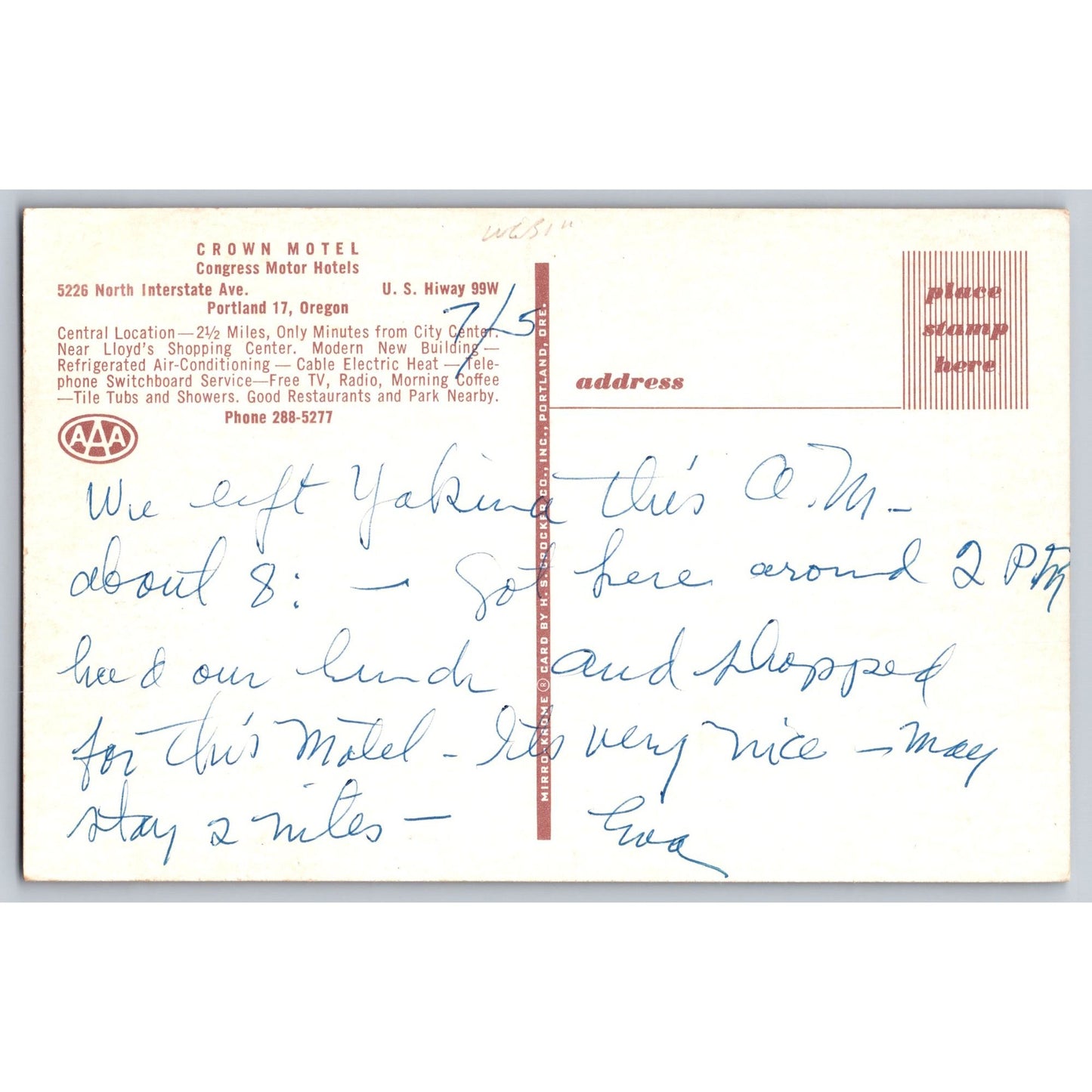 Portland OR Oregon Crown Motel Chrome Postcard Used 1960s