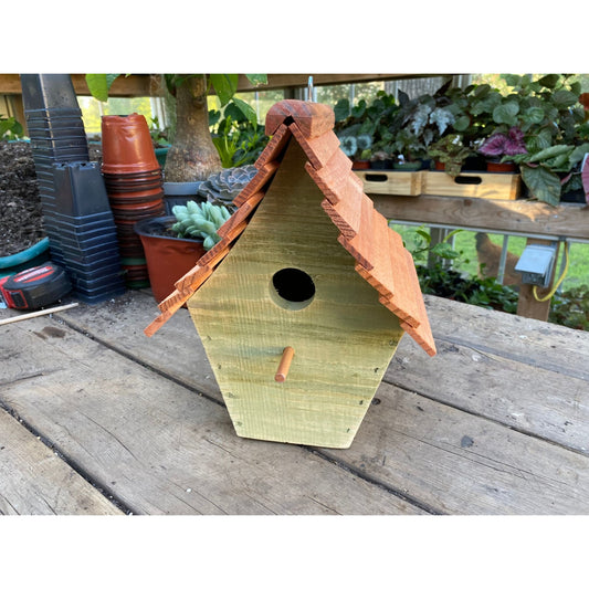 Handmade Birdhouse for Outdoor Use - Bayberry Green Milk Paint and Stained Roof