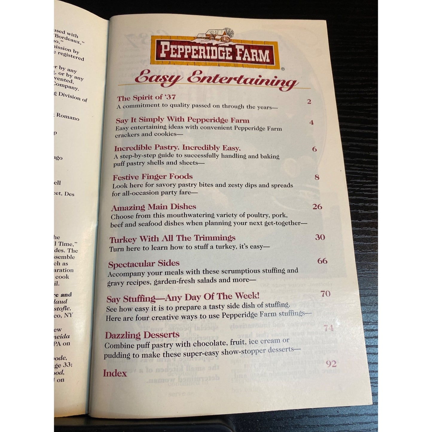 Pepperidge Farm Easy Entertaining Cookbook  Booklet 1994 Appetizers To Desserts