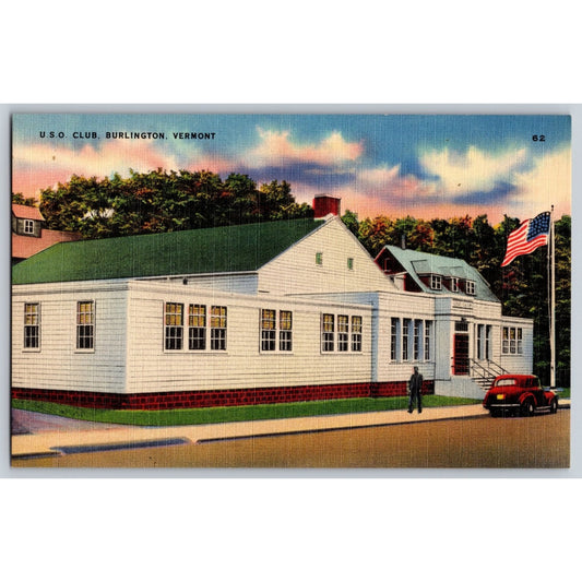 Burlington VT Vermont USO Club 1940s Linen Postcard Unused Colorpicture