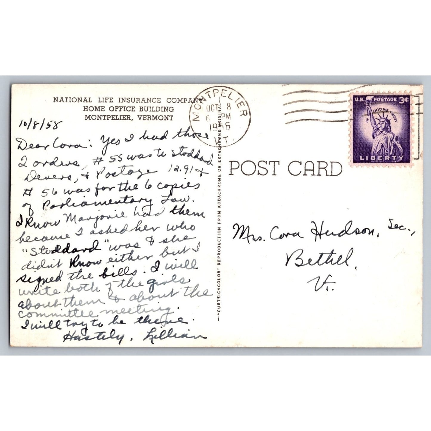 Montpelier VT Vermont National Life Insurance Home Office 1958 Chrome Postcard