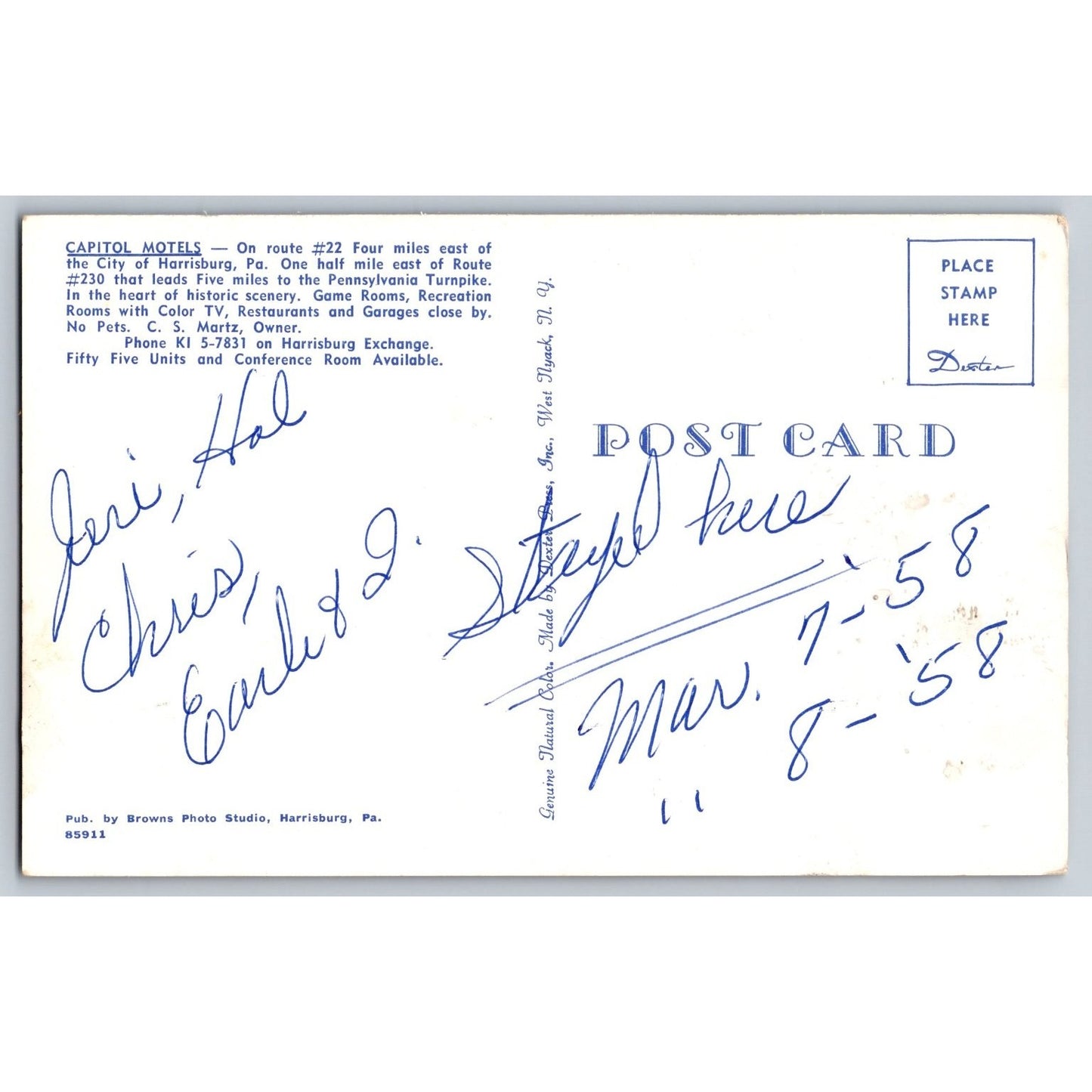 Harrisburg PA Pennsylvania Harrisburg Capitol Motels Rte 22 1950s Chrome Postcard
