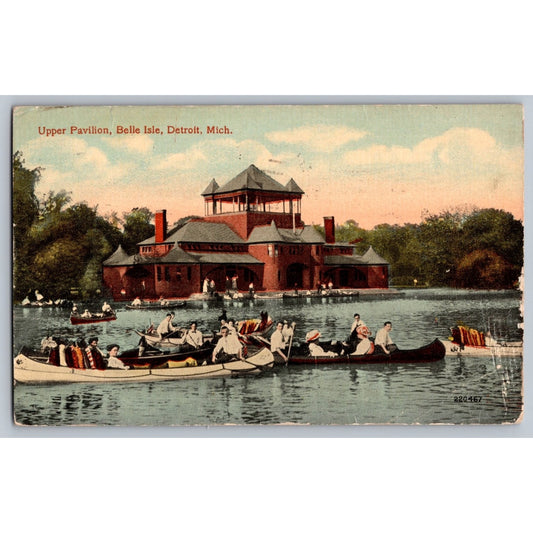 Detroit MI Michigan Belle Isle Upper Pavilion Canoes 1918 Divided Postcard Used