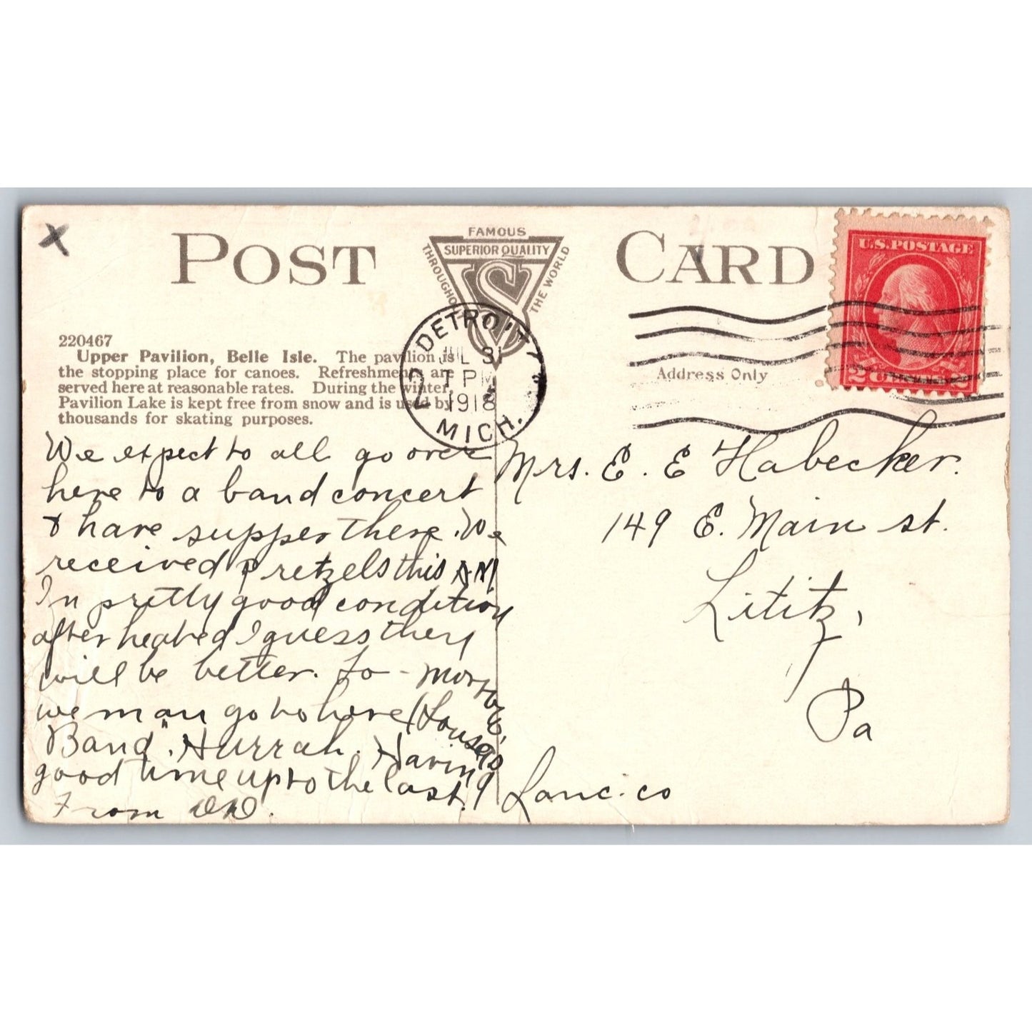 Detroit MI Michigan Belle Isle Upper Pavilion Canoes 1918 Divided Postcard Used
