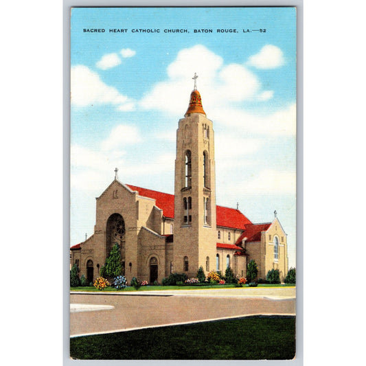 Baton Rouge LA Louisiana Sacred Heart Catholic Church Linen Postcard Unused