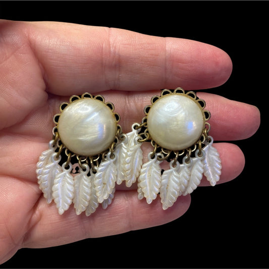 Vintage Clip-On Earrings With Mother Of Pearl Center & Dangling White Leaf Design