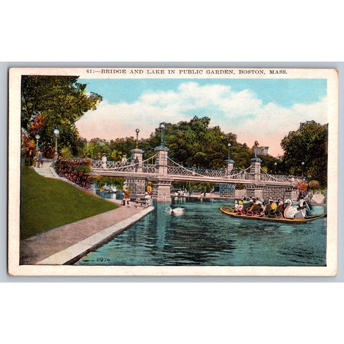 Boston MA MassachusettsBridge Lake Public Garden White Border Postcard Unused