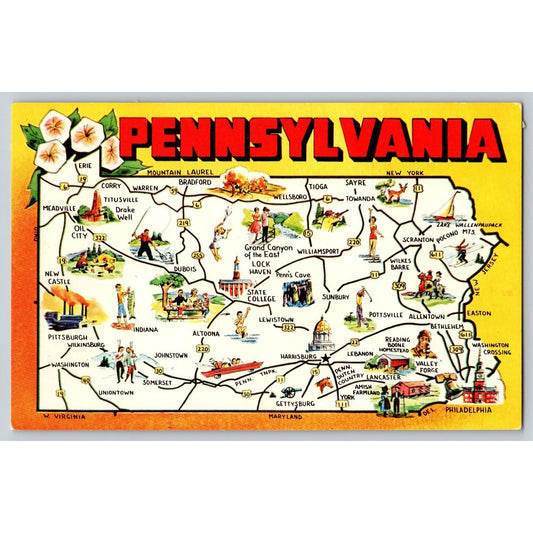 Map Pennsylvania PA Illustrated Map Postcard Unused Dexter Keystone State