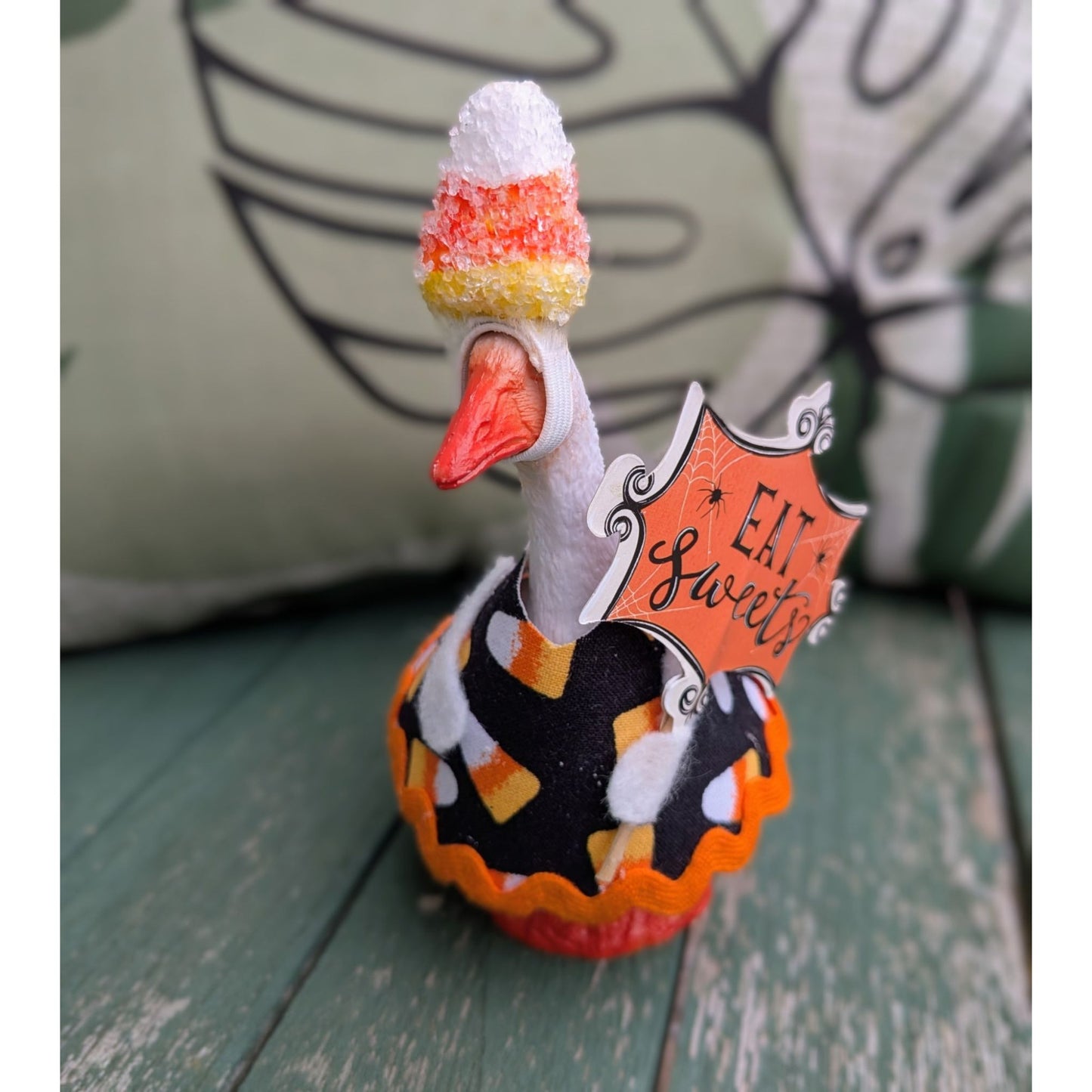 Candy Corn Halloween - 4" Goose Figurine With Handcrafted Outfit For Home Or Office Décor