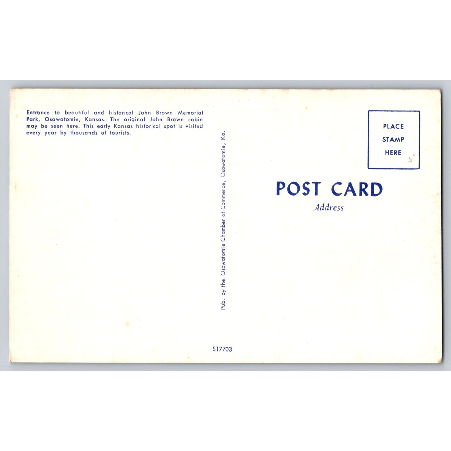 Osawatomie KS Kansasa John Brown Memorial Park Chrome Postcard Unused
