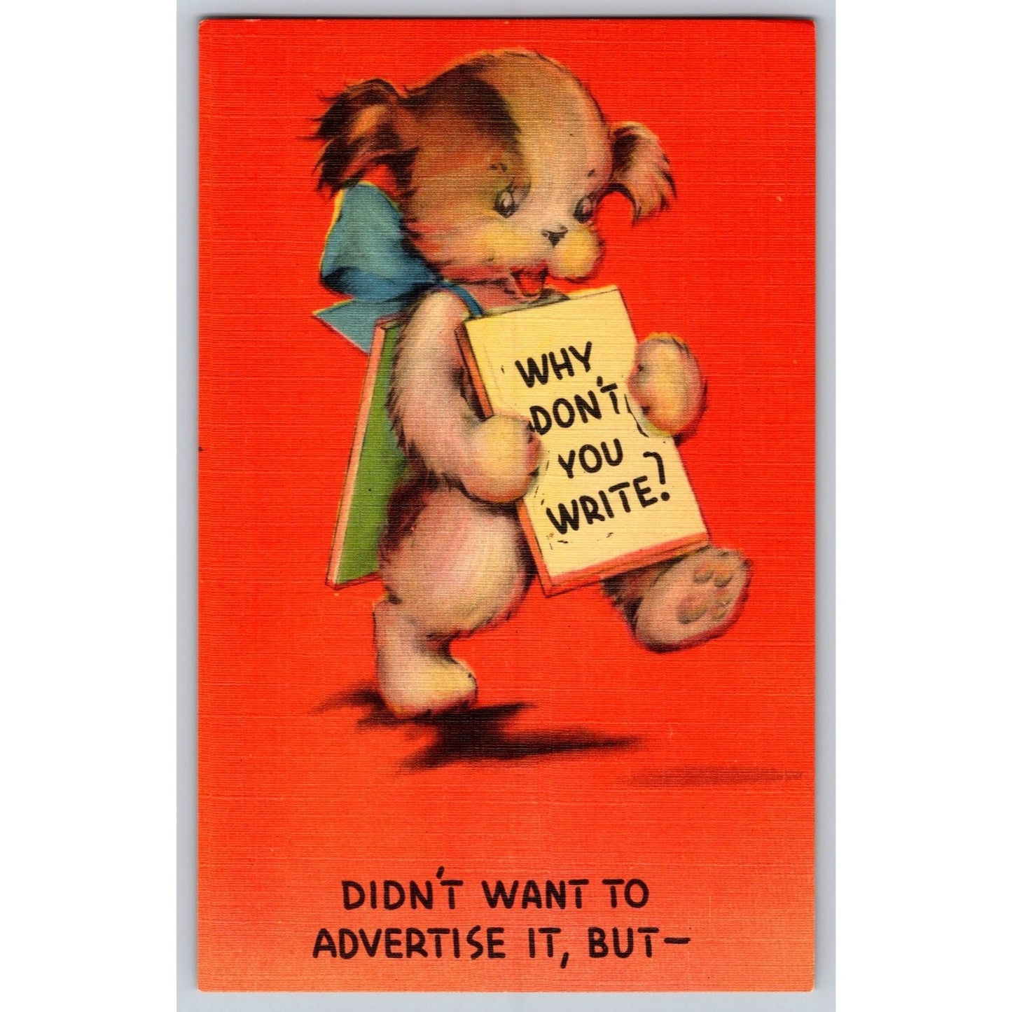 Comic Postcard Cute Puppy Why Don't You Write? 1940s-50s Linen Unused