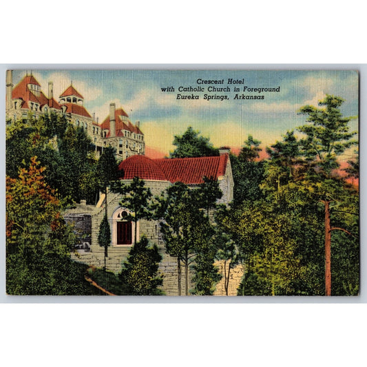 Eureka Springs AR Arkansas Crescent Hotel Catholic Church Linen Postcard Unused