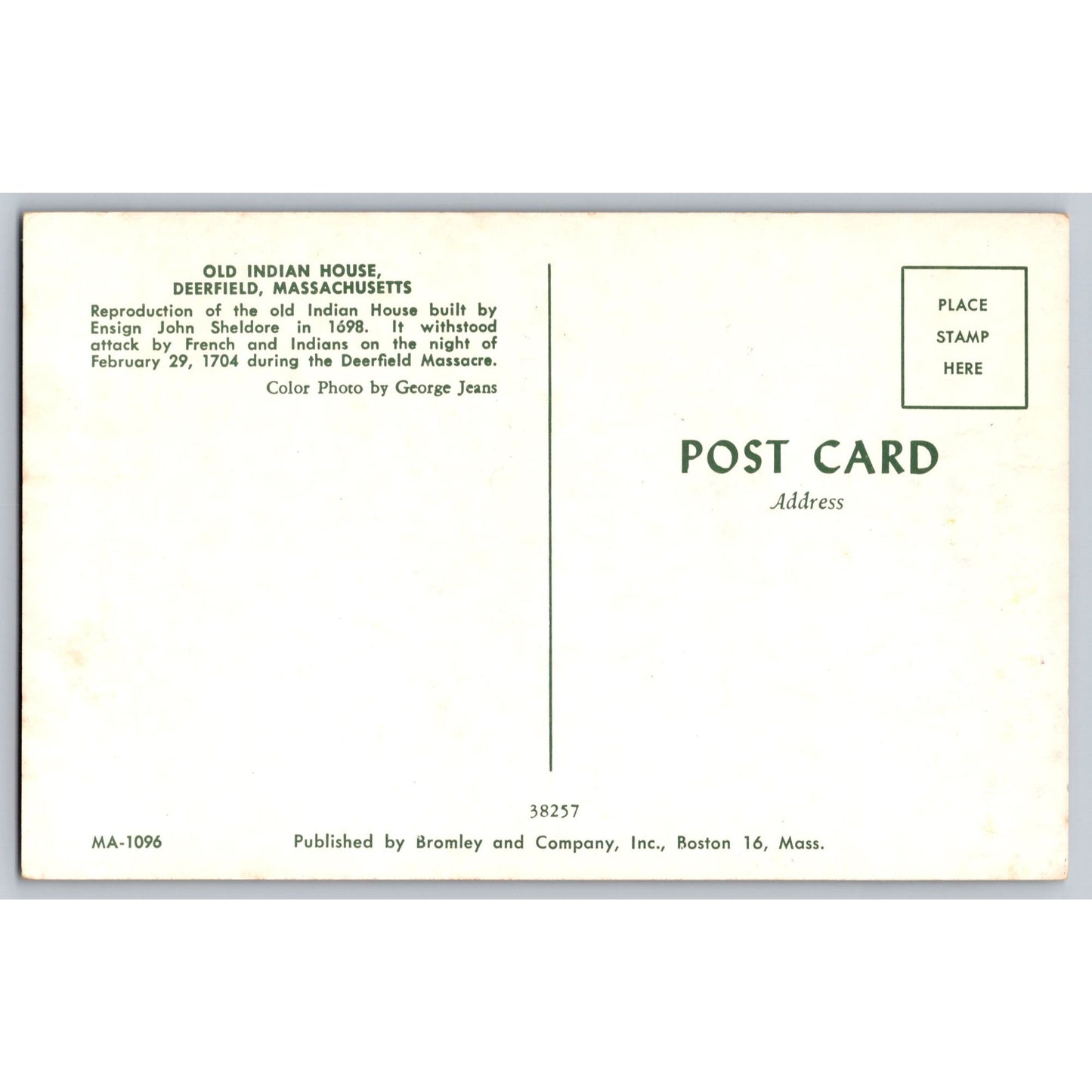 Deerfield MA Massachusetts Old Indian House Chrome Postcard Unused Bromley