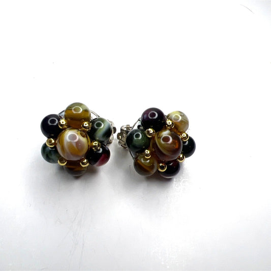 Vintage Style Multicolor Glass Bead Cluster Clip-On Earrings With Gold Accents