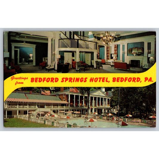 Bedford PA Pennsylvania Bedford Springs Hotel Pool Lobby Views Chrome Postcard