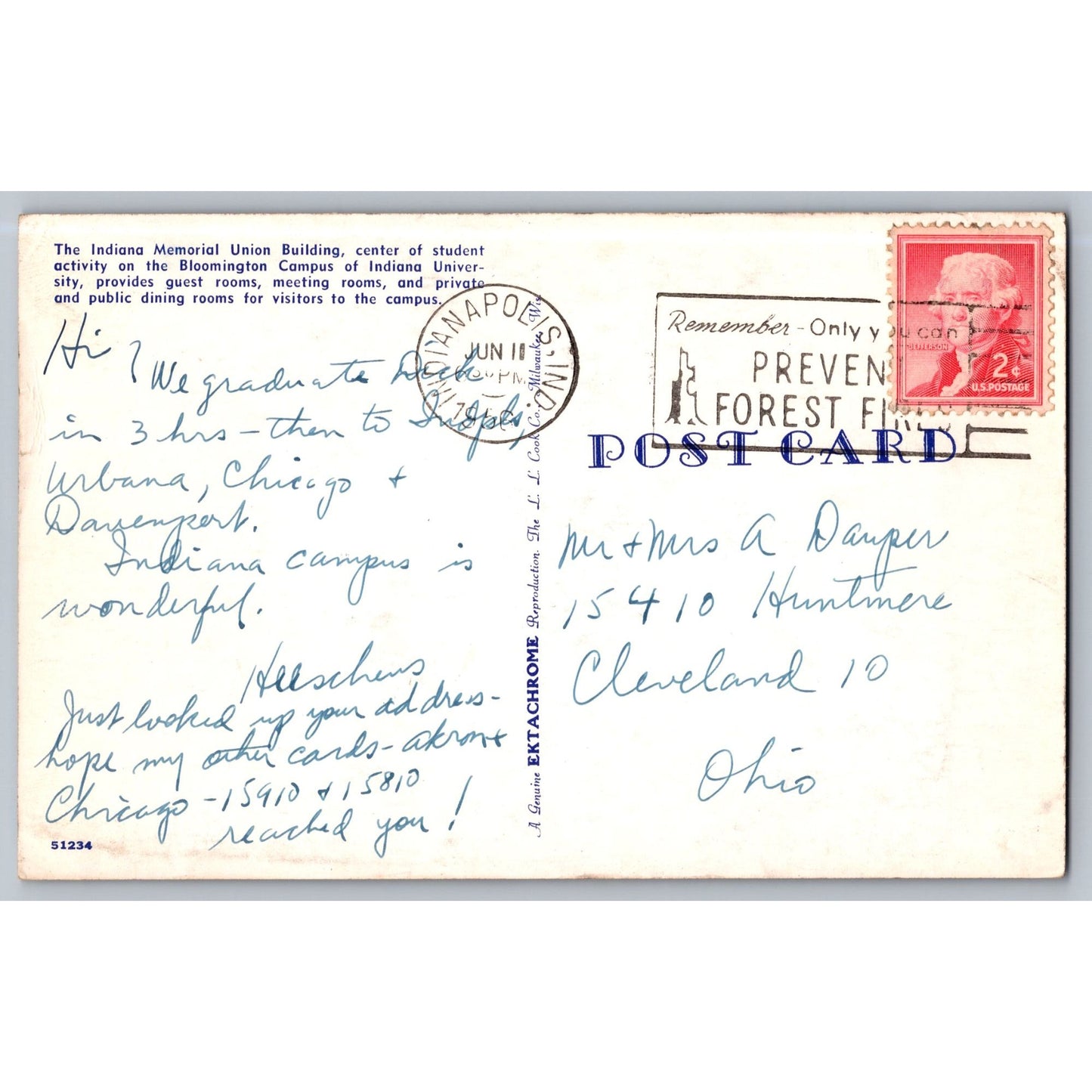 Bloomington IN Indiana University Memorial Union Campus Chrome Postcard Used