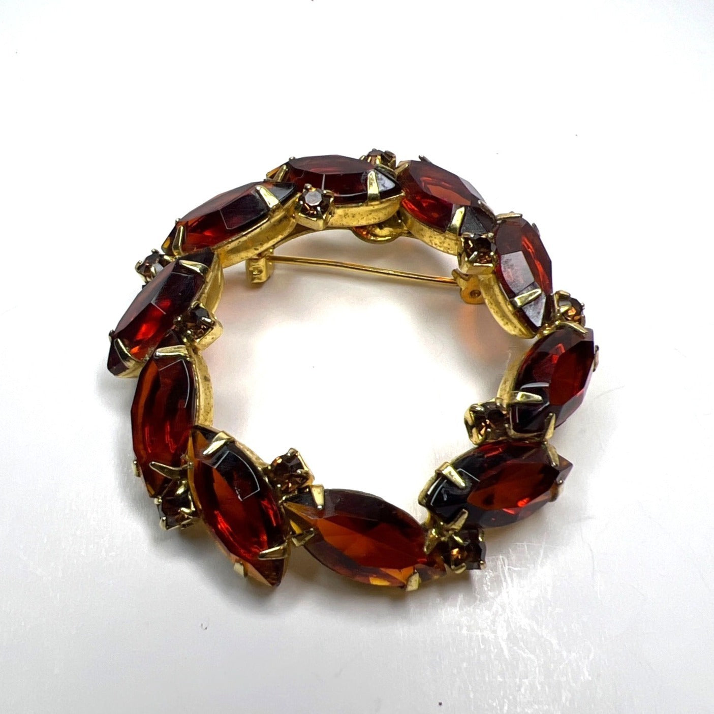 Brooch Gold-Tone Amber Orange Rhinestone Wreath Brooch Marquise Cut Stones