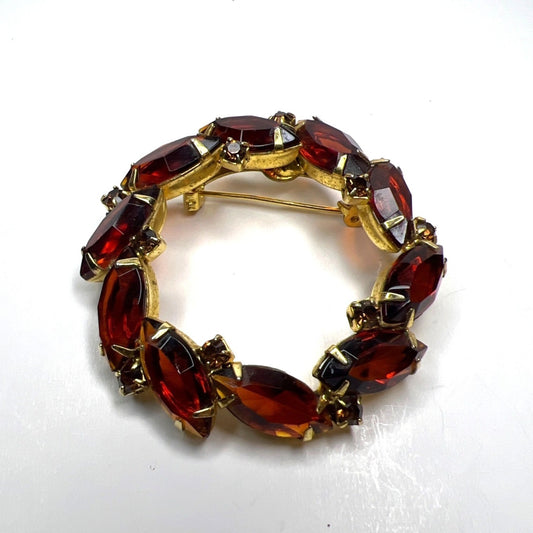 Brooch Gold-Tone Amber Orange Rhinestone Wreath Brooch Marquise Cut Stones