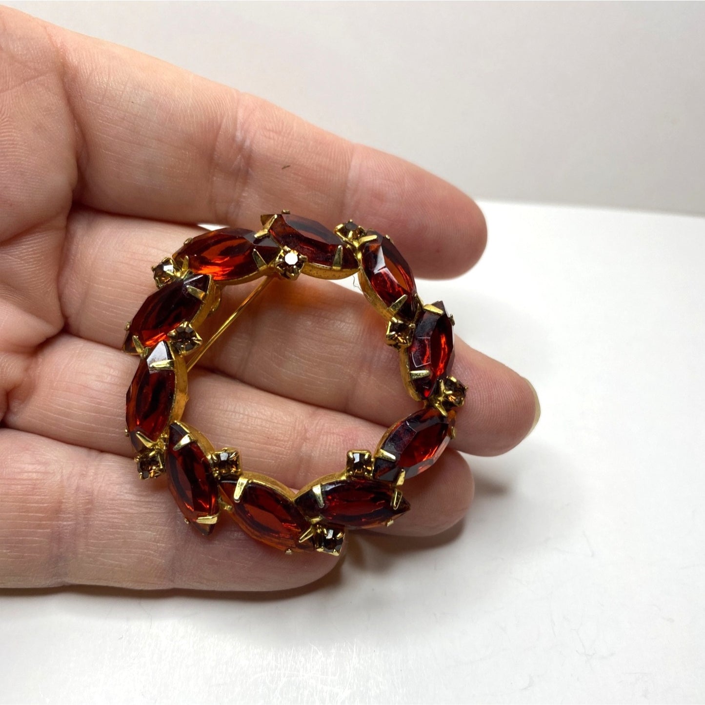 Brooch Gold-Tone Amber Orange Rhinestone Wreath Brooch Marquise Cut Stones