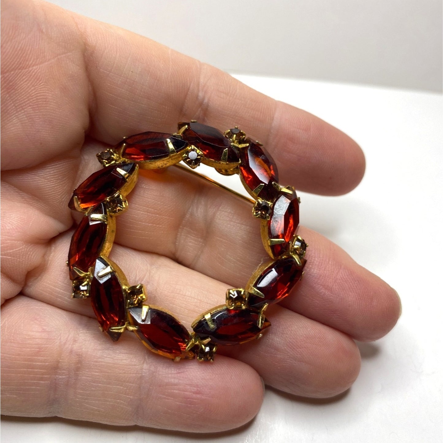 Brooch Gold-Tone Amber Orange Rhinestone Wreath Brooch Marquise Cut Stones