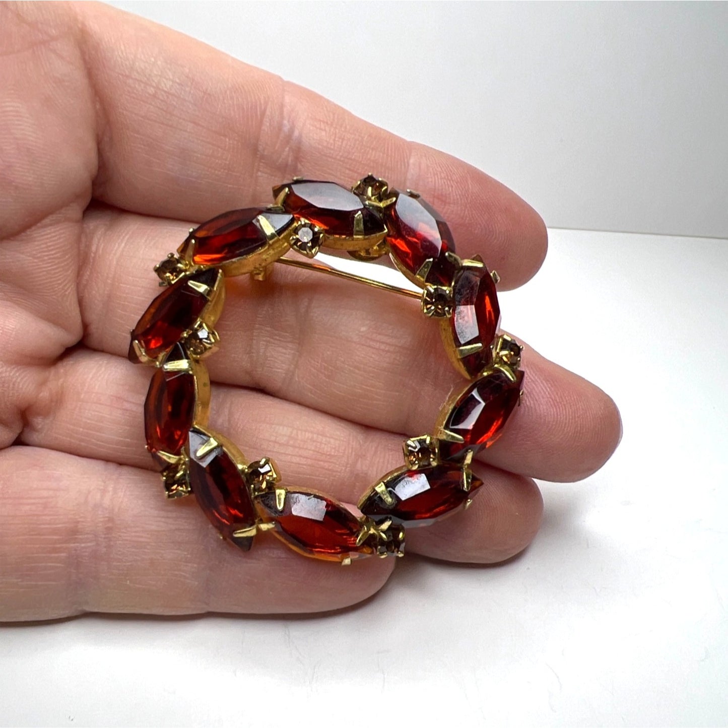 Brooch Gold-Tone Amber Orange Rhinestone Wreath Brooch Marquise Cut Stones
