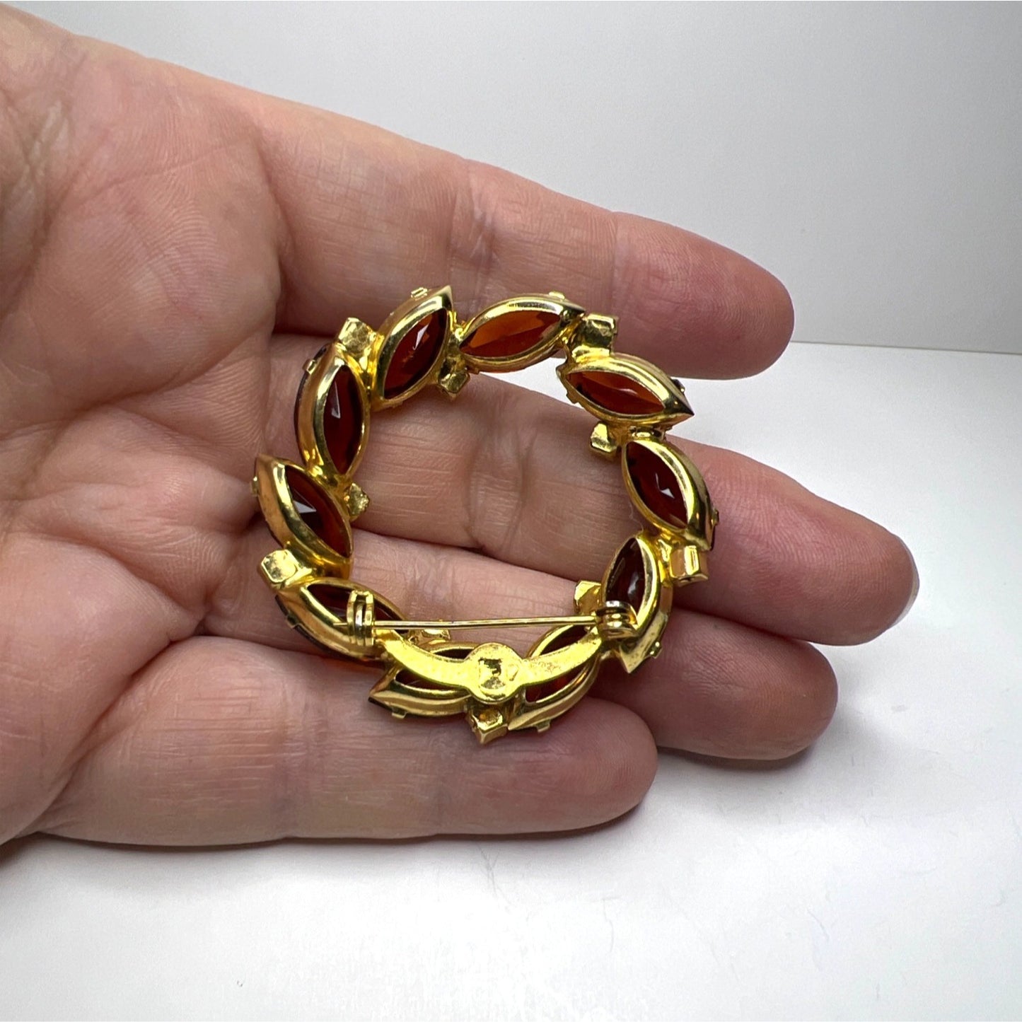 Brooch Gold-Tone Amber Orange Rhinestone Wreath Brooch Marquise Cut Stones